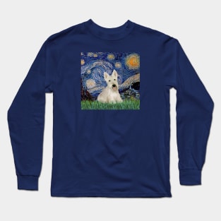 Starry Night Adapted to Include a White Scottish Terrier Long Sleeve T-Shirt